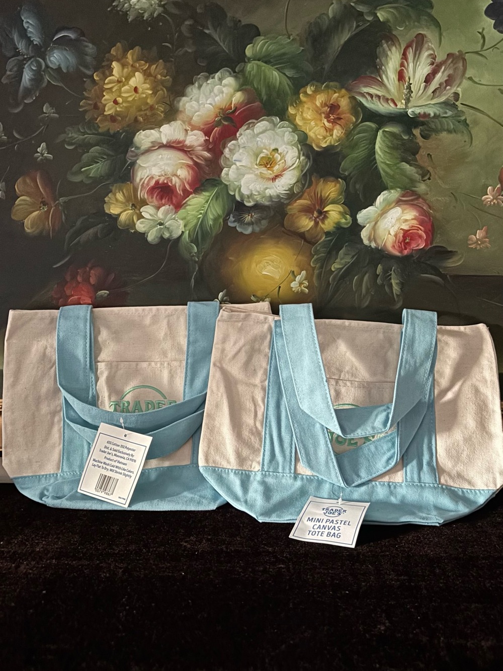 NWT Trader Joe's 2 Mini Reusable Canvas Cotton Tote Bags blue